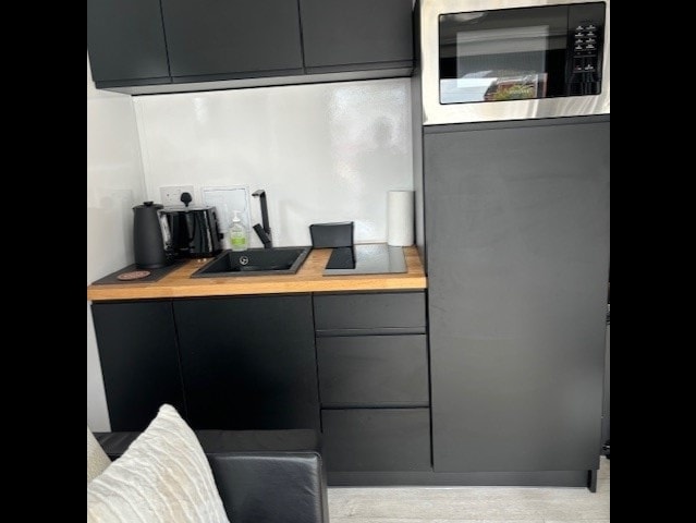 Close-up of the kitchenette counter with black sink, kettle, microwave and wooden worktop