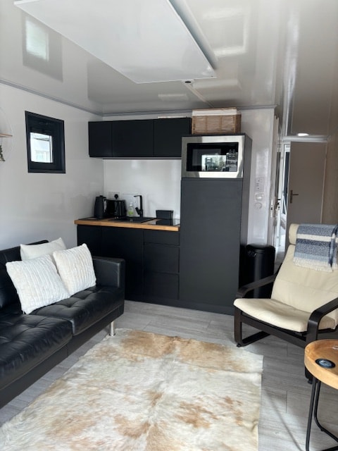 Open-plan kitchenette and living area with black cabinetry, leather sofa and armchair